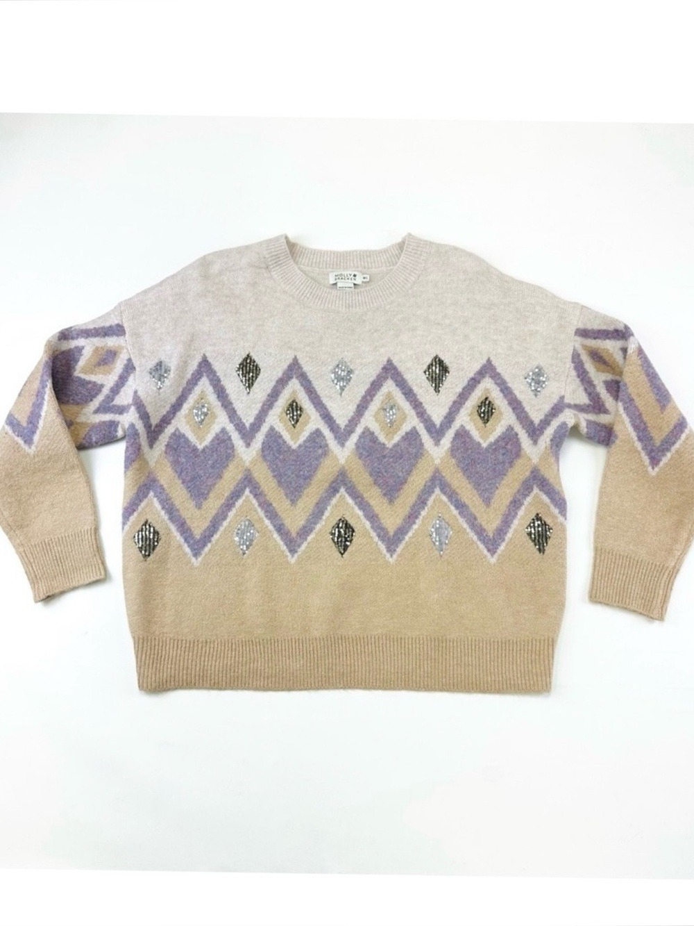 Molly Bracken crew neck sweater Womens Medium Large Diamond print sequin accents